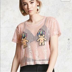 Good Luck Trolls Pink Sequin Mesh Crop Top